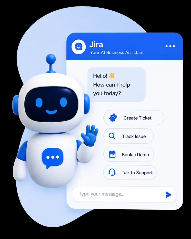 Friendly robot beside an AI chatbot development services interface featuring ticket creation, issue tracking, demo booking, and customer support options.