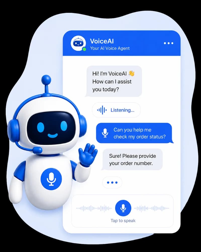 Friendly AI robot beside a voice assistant interface, showcasing how a chatbot development company can automate order tracking and customer support through natural conversations.