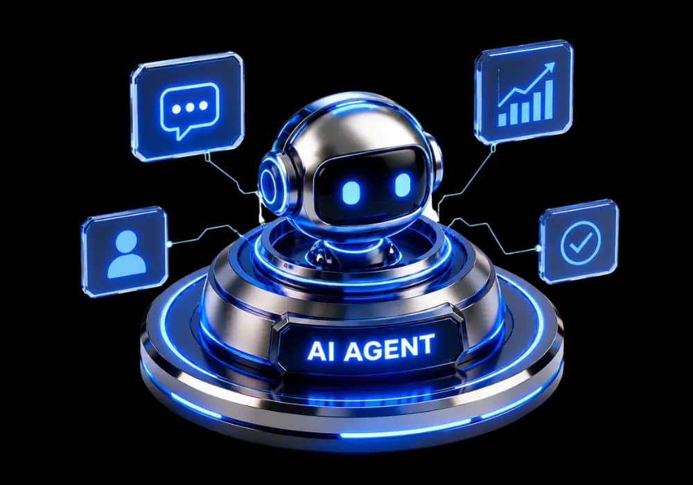 Illustrated AI agent development scene showing automated workflows, data, and decision-making connected in one system.