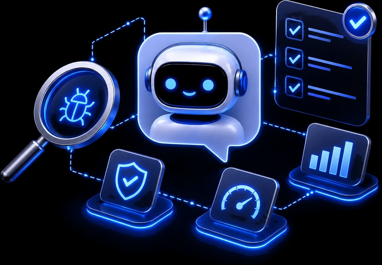 AI chatbot testing illustration showing a chatbot, bug checks, security, performance, and quality metrics.
