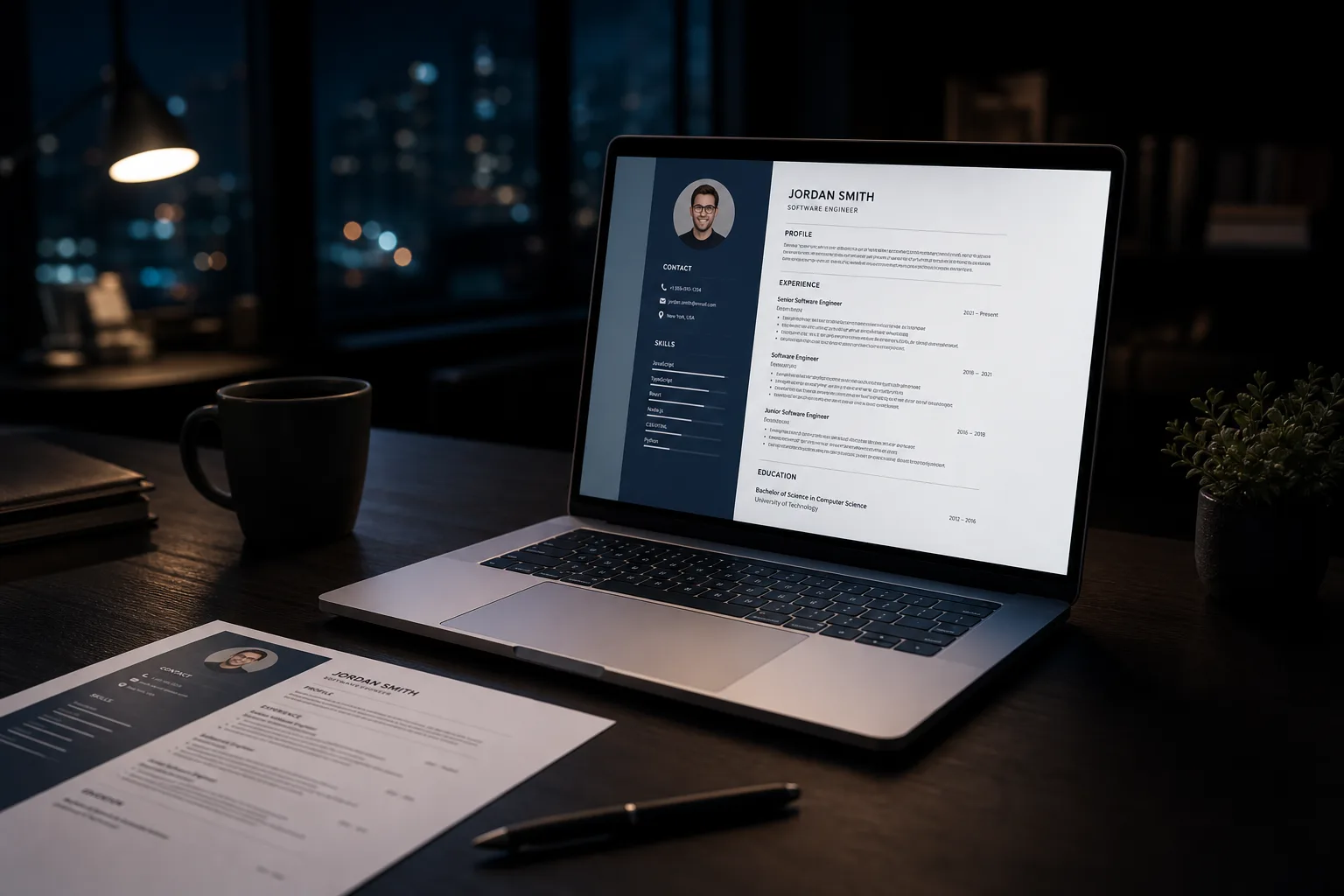 Dark professional workspace with a laptop showing a resume on screen, used for the Futurize Labs AI CV Editor to improve and ATS-optimize CVs.