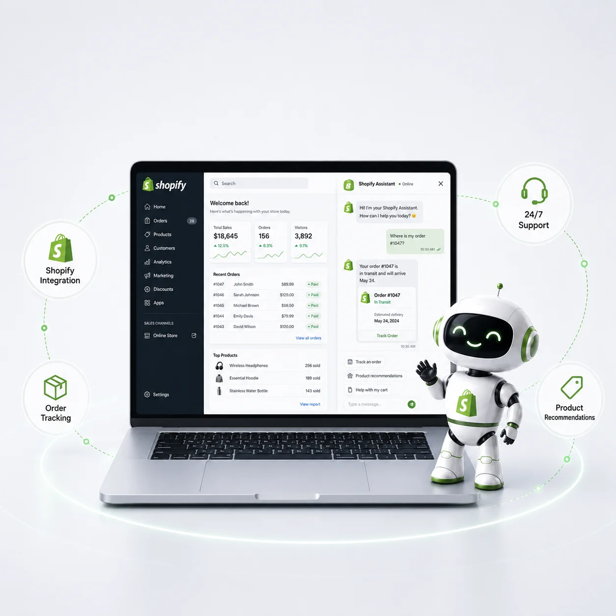 Shopify store chatbot helping customers track orders, returns, and product questions.