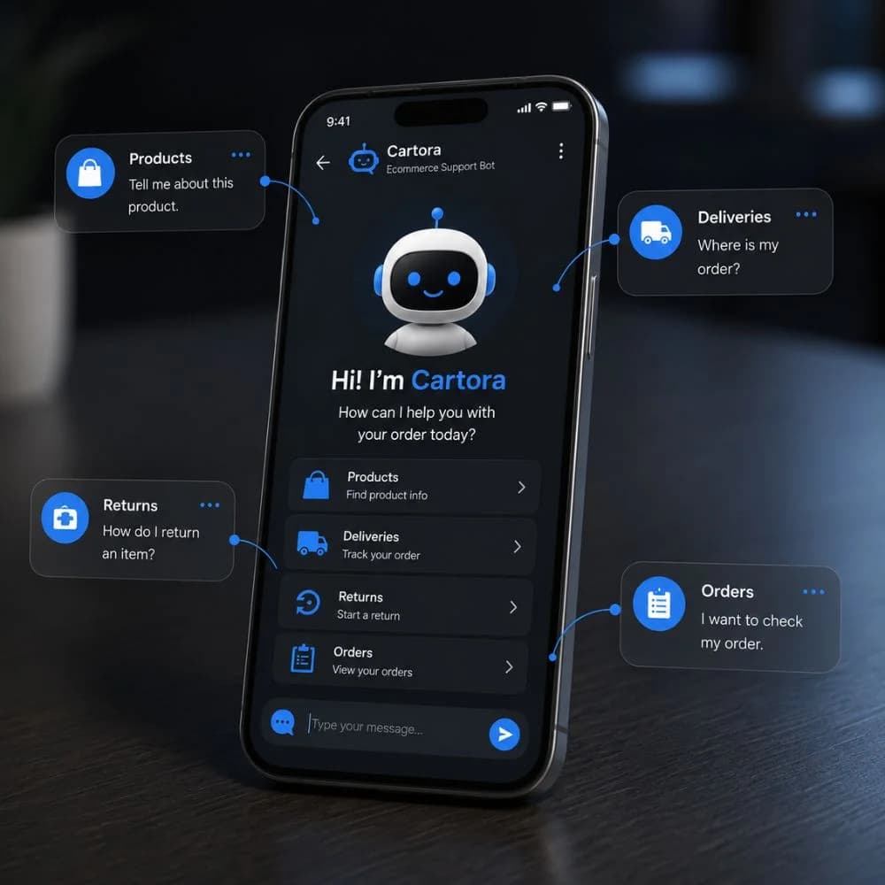 Smartphone displaying an e commerce AI chatbot that helps customers browse products, track deliveries, manage returns, and check order details through a support interface.