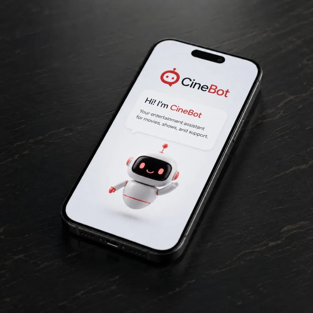 Smartphone displaying CineBot, an entertainment website support chatbot designed to assist users with movies, shows, recommendations, and customer support.
