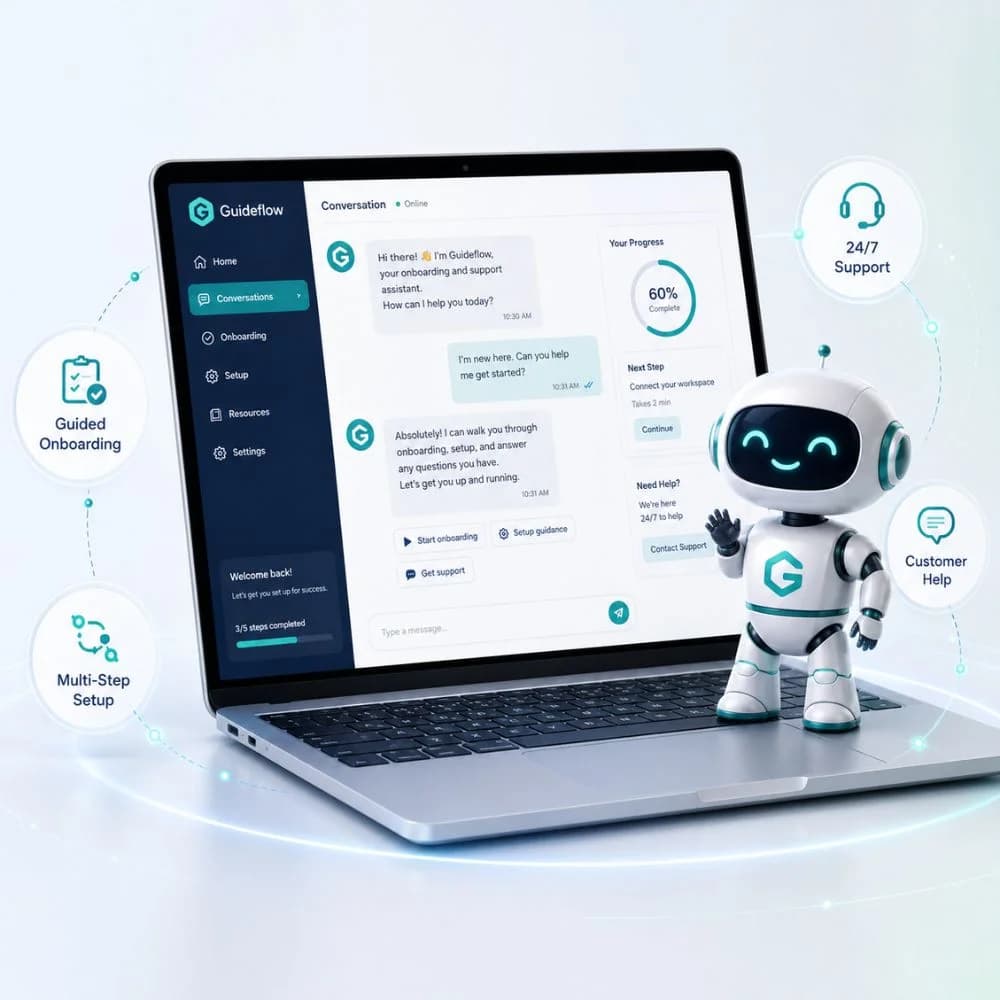 Laptop displaying a customer support AI chatbot for onboarding, setup, and 24/7 assistance.