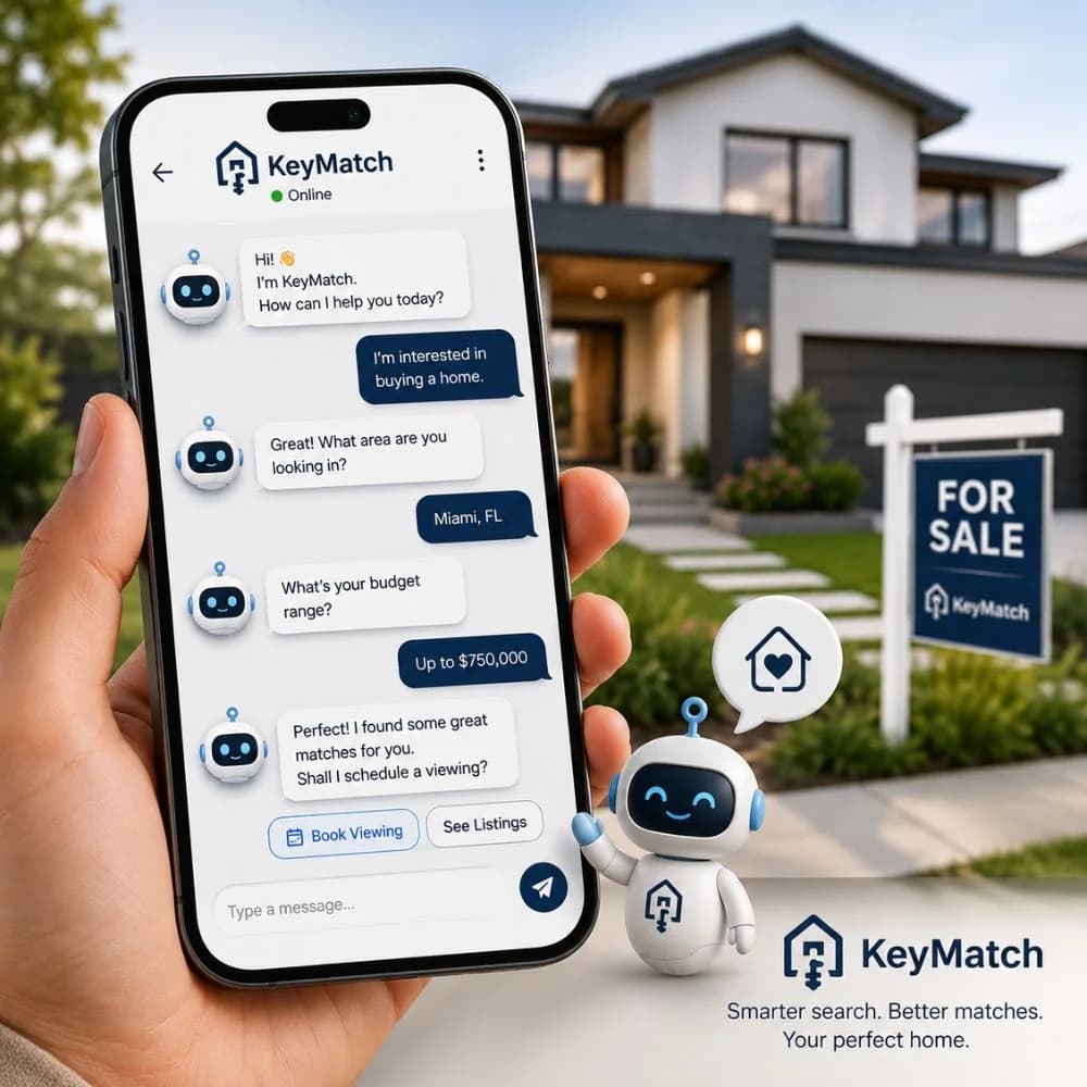 Smartphone showing a real estate lead qualification chatbot that helps homebuyers share preferences, budget, and location.