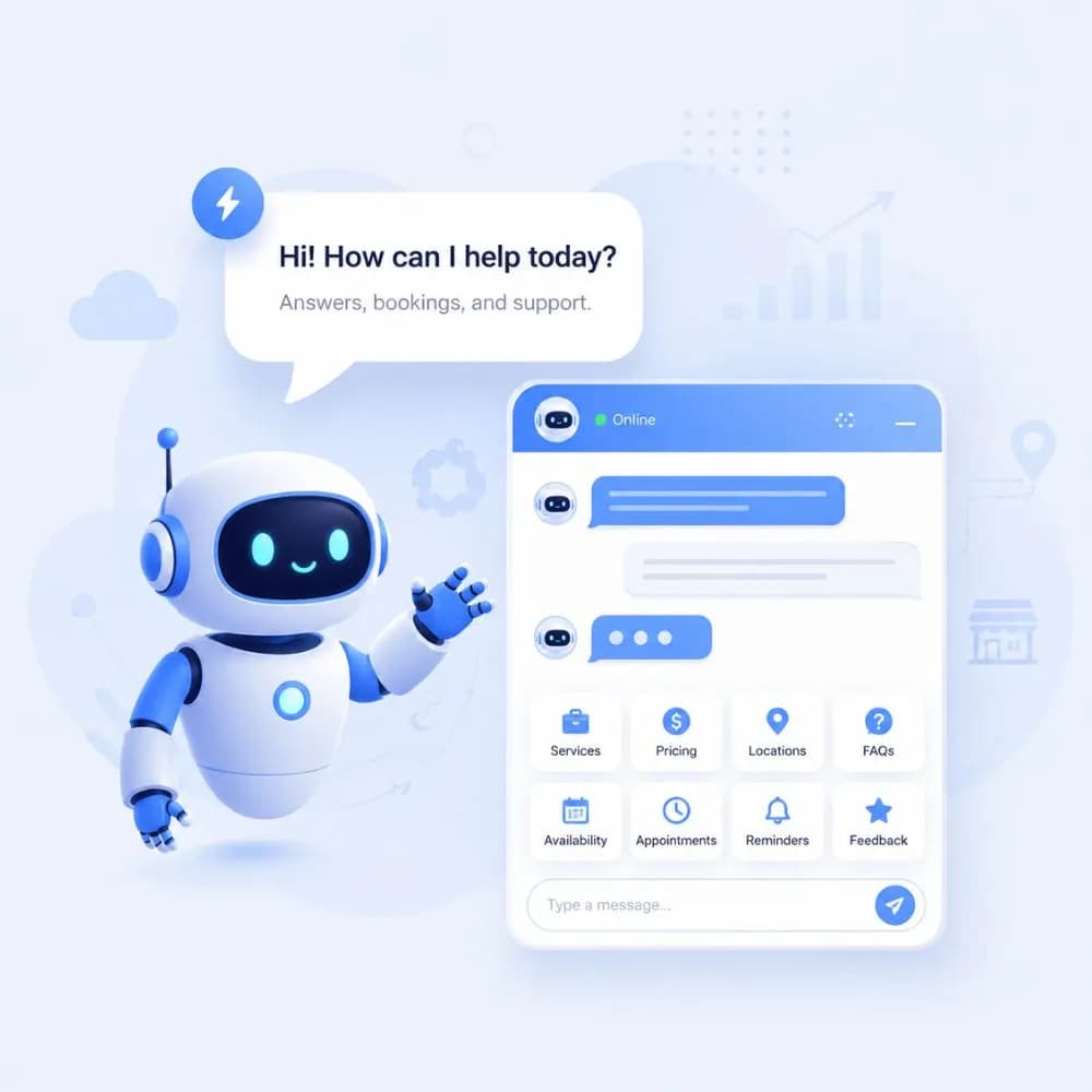 AI-powered customer support interface with a friendly robot, showcasing conversational AI chatbot development for bookings, pricing, FAQs, appointments, and instant assistance.