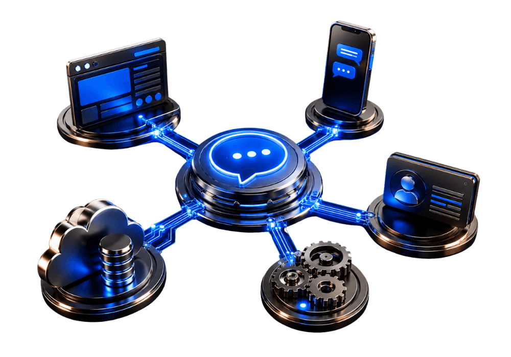 AI chatbot integration services connecting a central chatbot to websites, mobile messaging, CRM systems, cloud databases, and automated workflows.