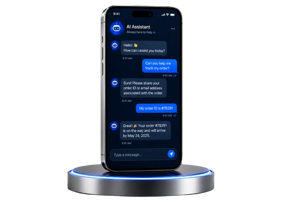 AI Chatbot UI Design Services showcasing a modern chatbot interface on a smartphone.