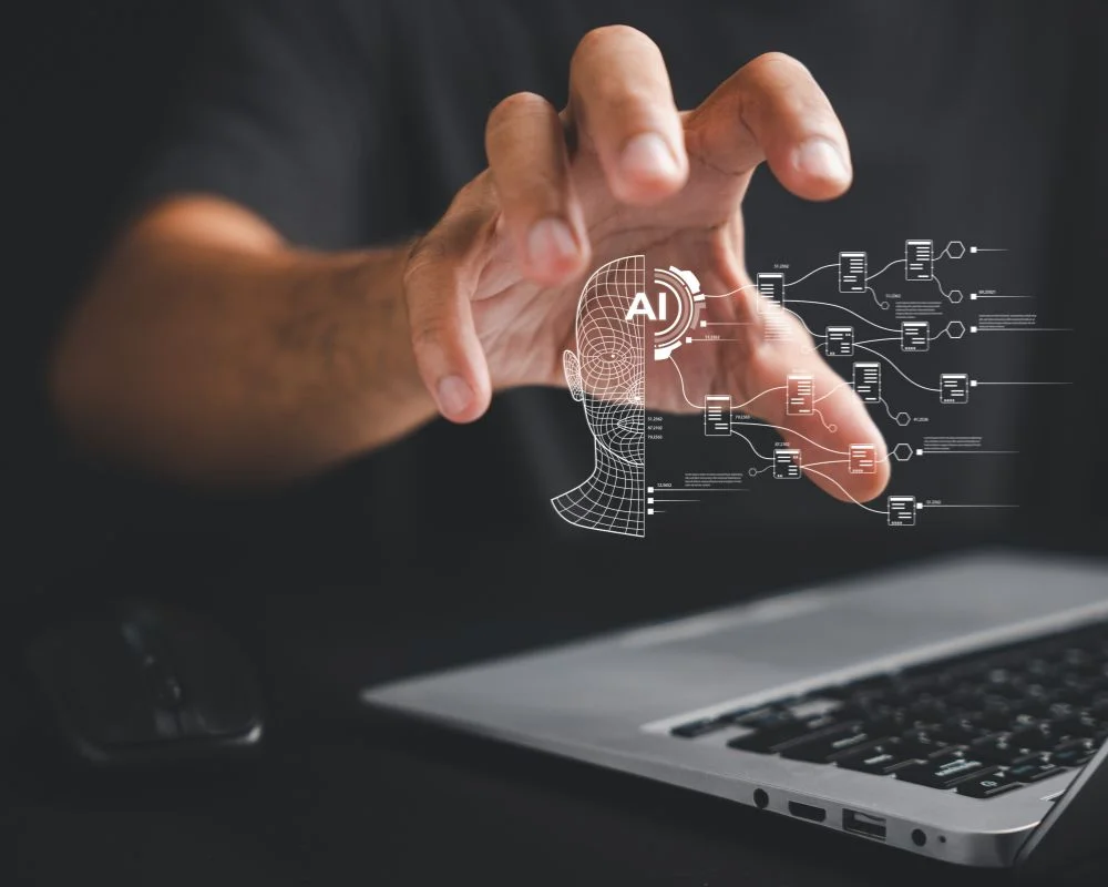 Laptop showing an AI chatbot connected to a CRM for faster customer responses.